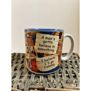 "A man's gotta believe in something-I Believe I'll Go Fishing" Coffee Mug 12 Oz